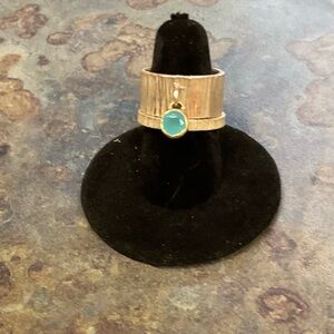Sterling Silver Double Textured Band Rings with Teal Gemstone Charm